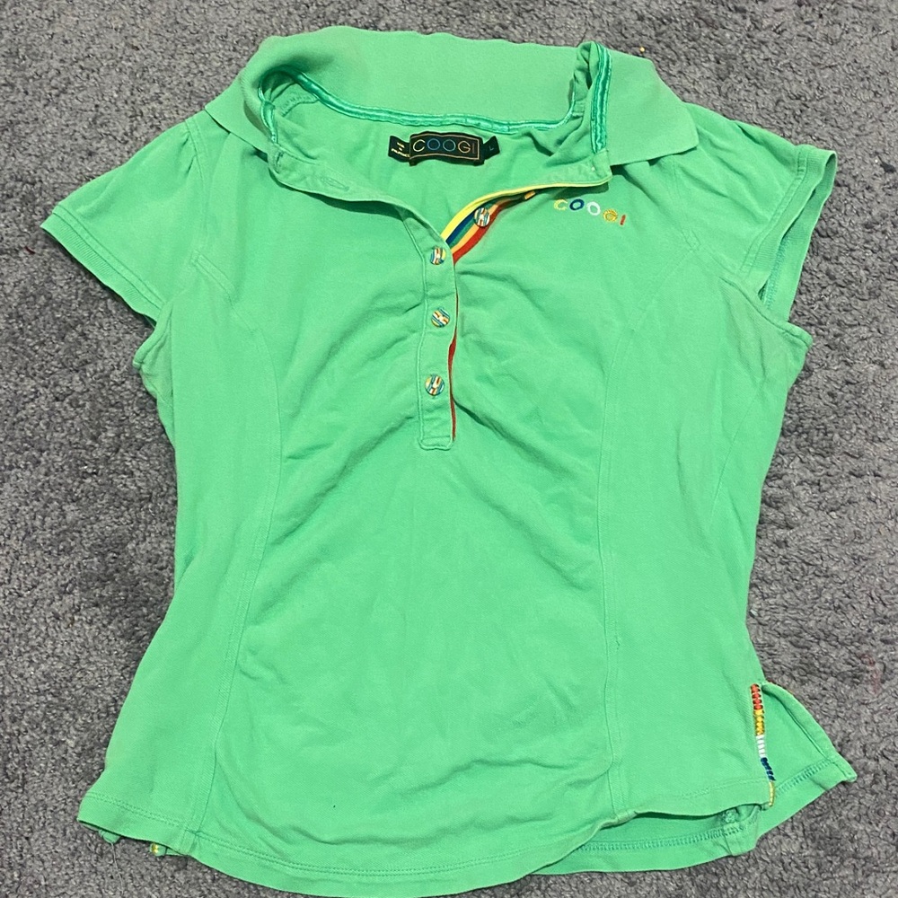 Vintage COOGI Bright Green Short Sleeve Polo with Multicolor Trim